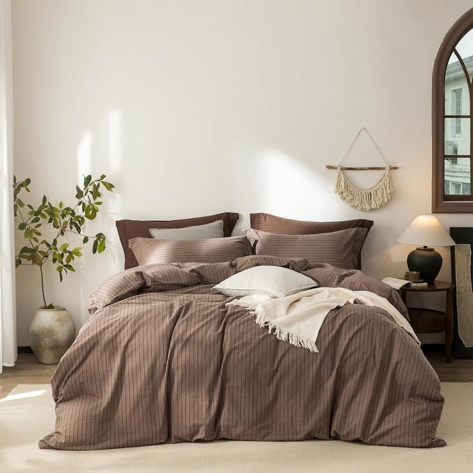 Stripe Duvet Cover Queen Size 90inch x 90inch,100% Washed Cotton Pinstripe Duvet Cover with Zipper Closure and 2 Pillowcases, Color of Light Brown-Black Stripe