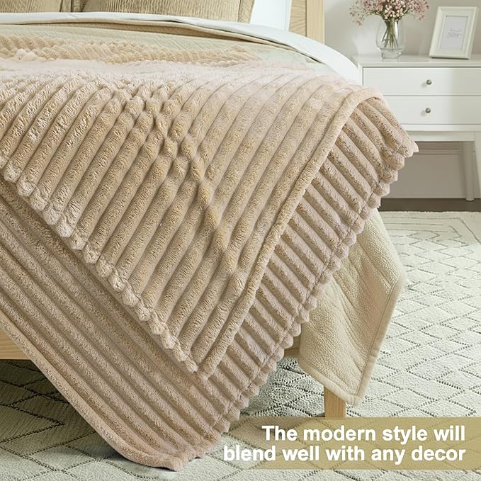 decorUhome Christmas Soft Fleece Light Brown Blanket Queen Size for Bed, Cozy Fluffy Plush Flannel Large Striped Throws for Couch Sofa, Lightweight Decorative Fuzzy Blanket for Woman, 90x90 Inches