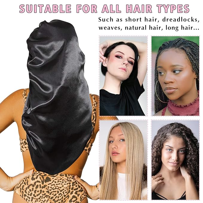 3Pcs Bonnets for Black Women Braid Bonnet, Large Long Satin Bonnet for Braids Sleeping, Black Women Satin Silk Bonnet (3Pcs-Black & Pink & Leopard)