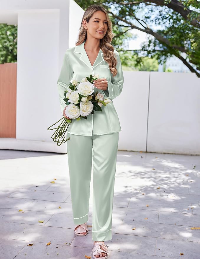 Ekouaer Satin Pajama Set for Women Silky Sleepwear Long Sleeve Top and Pants Button Down Pjs Lounge Set