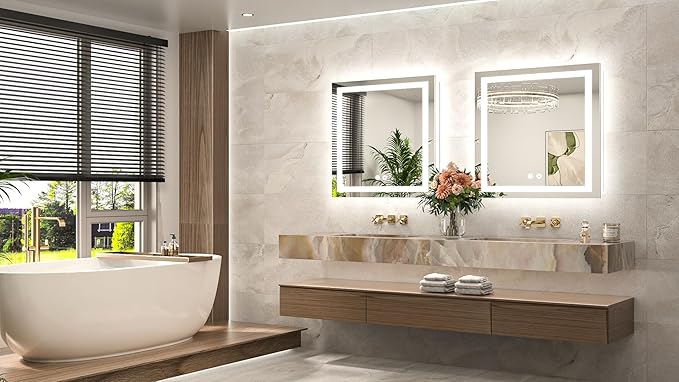 TETOTE 28 x 28 Inch LED Bathroom Mirror with Frontlit and Backlit, Brighter Light up Bathroom Vanity Mirror with Lights, 3-Color Dimmable Illuminated Anti Fog Mirror Wall Mounted, Waterproof