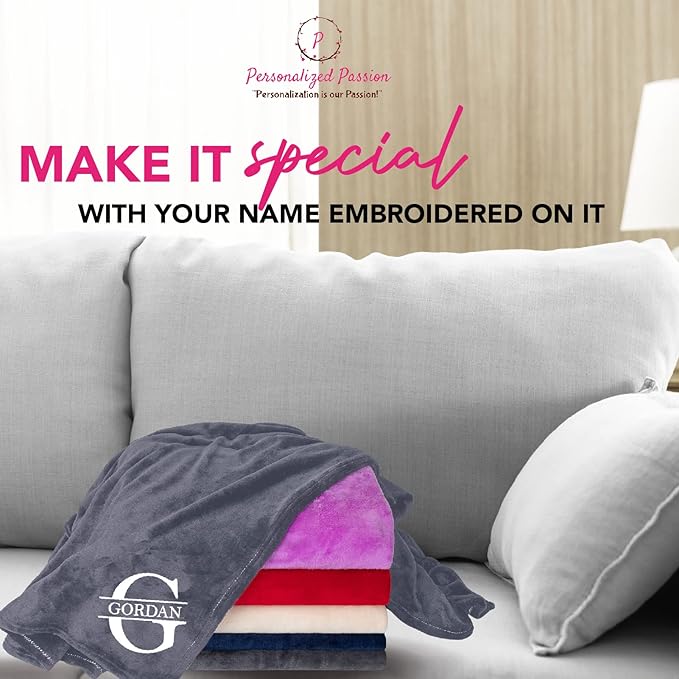 Personalized Passion Blankets with Custom Name & Initial Monogram - Super Soft and Cozy Fleece - Unisex Custom Blanket for Him and Her - 60x40 Inches - Grey