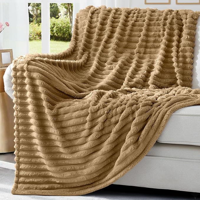 decorUhome Christmas Soft Fleece Brown Twin Blanket for Bed, Cozy Fluffy Plush Flannel Striped Throws for Couch Sofa, Lightweight Decorative Ribbed Fuzzy Blanket for Woman, 60x80 Inches