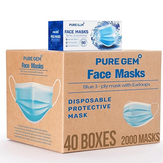 3-Ply Disposable Face Masks, Soft on Skin, Pack of Blue Masks with Elastic Earloops (2000 Masks)