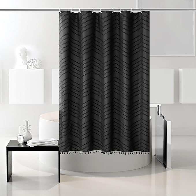 Stall Boho RV Black Tassel Woven Fabric Short Shower Curtain 48 x 64 Modern Farmhouse Textured Tufted Chevron Striped Minimalist Bathroom Shower