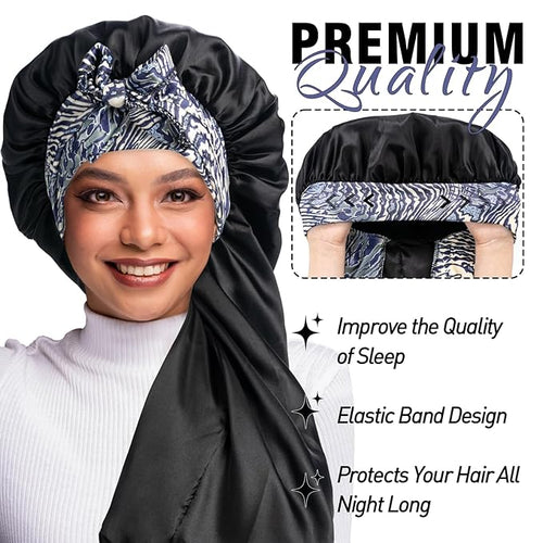 2Pcs Bonnets for Women Sleeping Braid Bonnet, Large Long Satin Silk Bonnet for Braids, Black Women Braid Bonnets with Stretchy Tie Band for Sleeping Extra Long (Pink &Black Pattern)