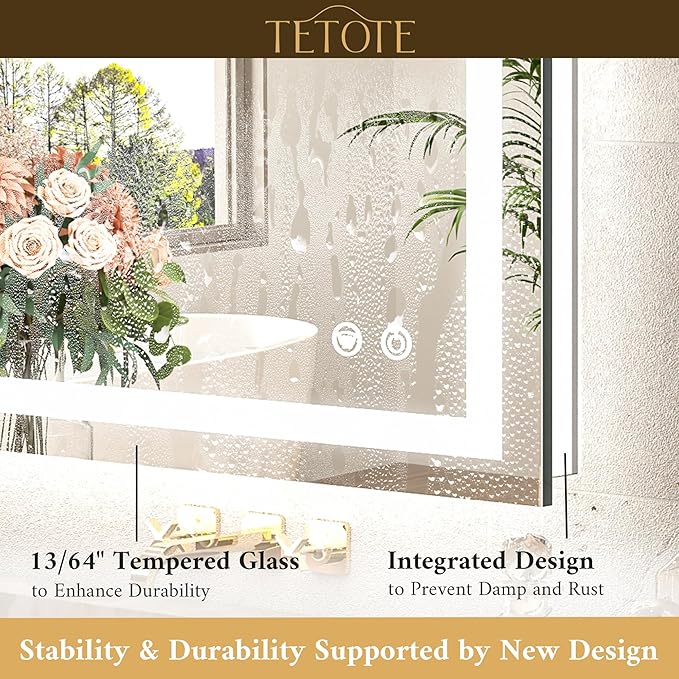 TETOTE LED Bathroom Mirror with Lights 40 x 32 Brighter Lighted Front and Backlit Led Vanity Antifog Light up Mirror for Bathroom, 3-Color Dimmable, Wall Mounted, Waterproof