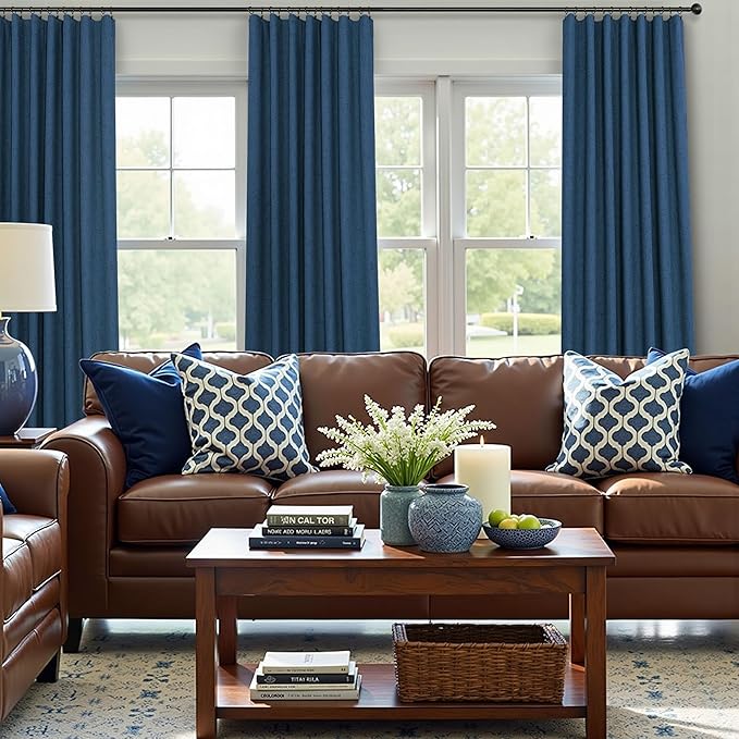 Pitalk Navy Blue Blackout Curtains for Living Room 84 Inch Length 2 Panels Set Back Tab Pocket Faux Linen Window Drapes Thermal Insulated Room Darkening Curtain for Bedroom Boys 52 x 84 Long Dark Blue