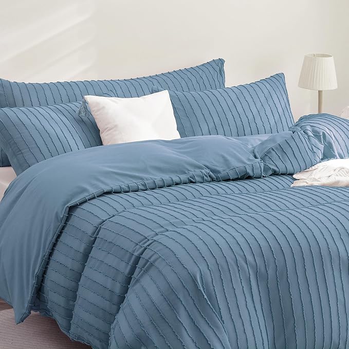 JELLYMONI Duvet Cover Twin Size Blue - 3PCS Boho Striped Duvet Cover Set Polyester Tufted Bohemian Textured Comforter Cover 68×90in with Corner Ties & Zipper and 2 Pillowcases