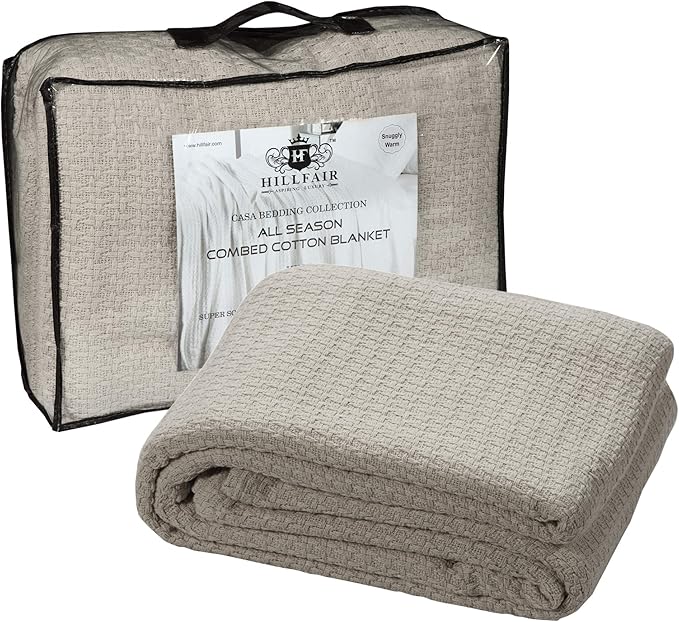 HILLFAIR 100% Combed Cotton Blanket– King Bed Blanket– Soft Warm Multipurpose Throws for Luxury Home Decor–90 x 108 inch King Size Cotton Blankets for Beds- Bed Blankets for All Season- Sand Grey