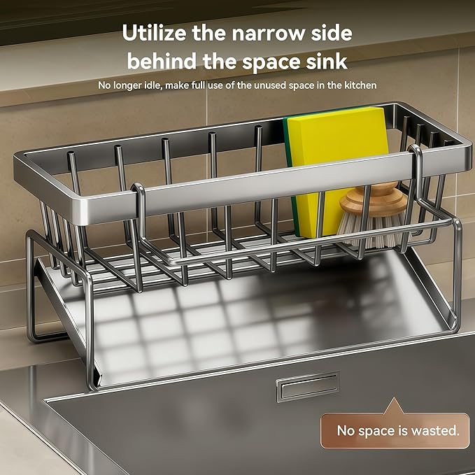 Sponge Holder for Kitchen, Sink Caddy Organizer Rack for Kitchen Accessories, Soap Dispenser Countertop Organizer Essentials for Home (Grey)