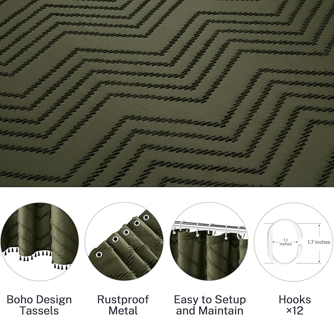 Boho Shower Curtain with Tassel Woven Fabric Olive Green Shower Curtain 72 x 72 Modern Farmhouse Textured Tufted Chevron Striped Minimalist Bathroom Shower Curtains