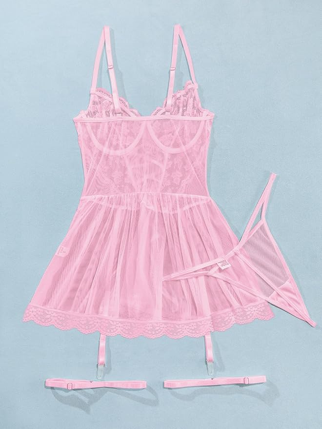 Lilosy Sexy Garter Belt Mesh Lace Babydoll Lingerie Dress Set with Thong