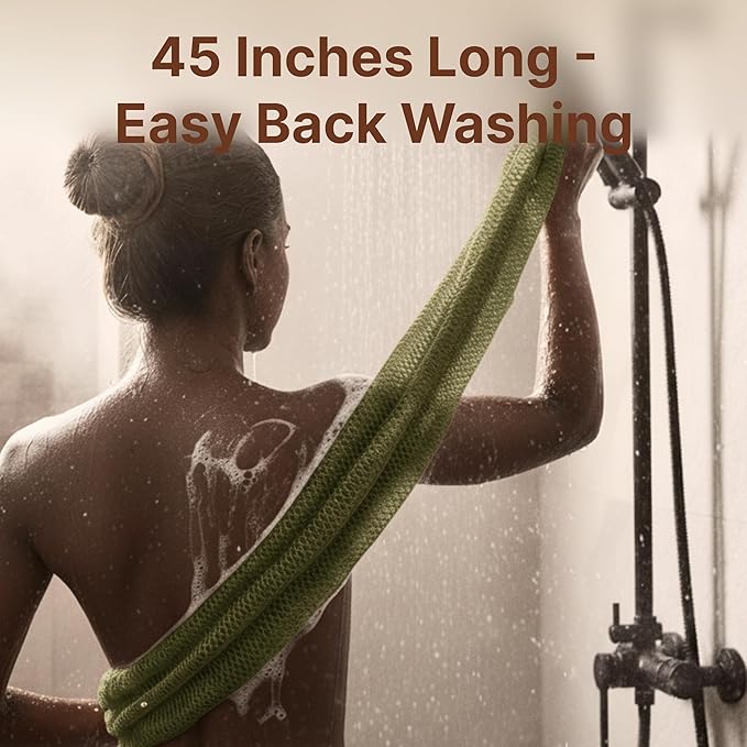 Nubiana African Net Sponge Authentic - 45 Inch Exfoliating Body Sponge from Nigeria - Natural Bath Sponge for Smooth Soft Skin - Long Lasting Quick-Drying - Single Pack (Olive Green)