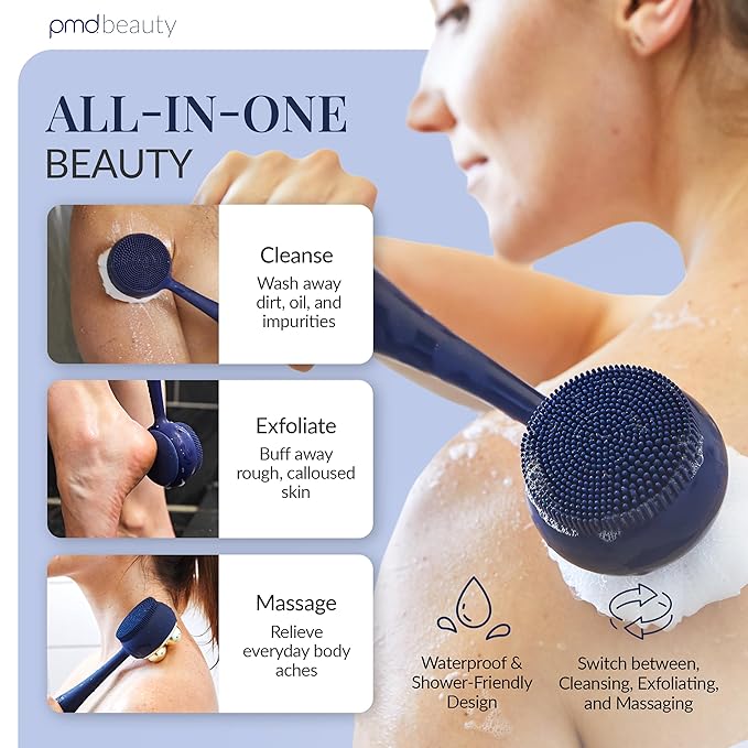 PMD Clean Body - Smart Body Cleansing Device with Silicone Brush & Three Interchangeable Attachments - Waterproof - SonicGlow Vibration - Cleanse, Exfoliate, & Massage Body