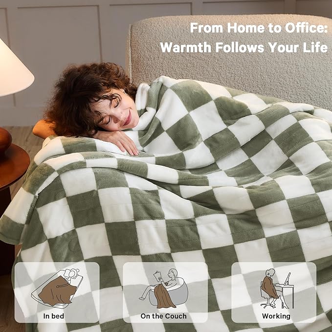 Sage Green Heated Throw Blanket Electric, 50X60 Heating Blanket with 10 Heat Levels & 8 Hours Auto Off for Lap, Checkered Plaid Soft Sherpa Blankets Warmer Gifts for Couch Grandma Women Adults