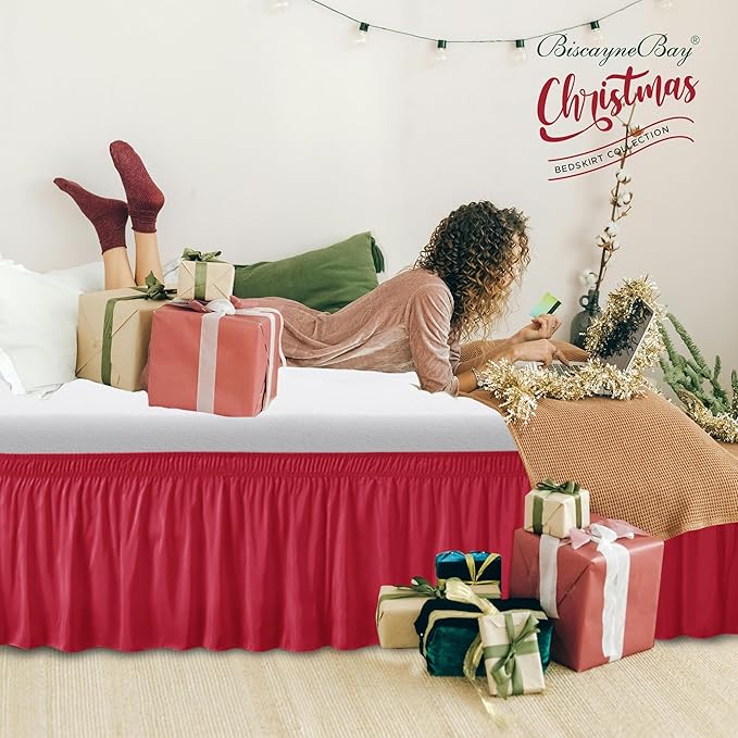Biscaynebay Wrap Around Bed Skirts for Twin & Twin XL Beds 15" Drop, Red Adjustable Elastic Dust Ruffles Easy Fit Wrinkle & Fade Resistant Silky Luxurious Fabric Machine Washable