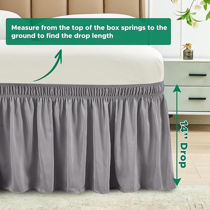 Biscaynebay Wrap Around Bed Skirts for Full & Full XL Beds 14" Drop, Silver Grey Adjustable Elastic Dust Ruffles Easy Fit Wrinkle Resistant Silky Luxurious Fabric Machine Washable