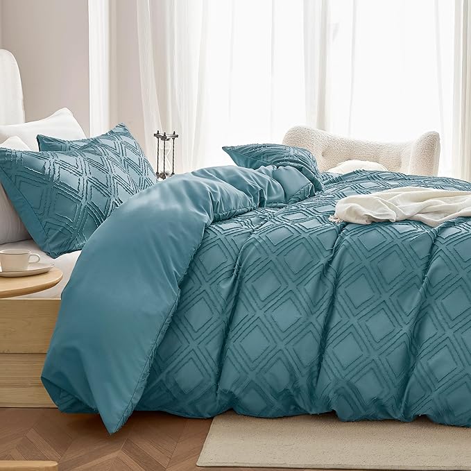 JELLYMONI Duvet Cover Full Size Grayish Blue - 3PCS Boho Duvet Cover Set Plaid Polyester Tufted Bohemian Jacquard Knit Textured Comforter Cover 80×90in Rhombic Geometric Pattern Corner Ties & Zipper