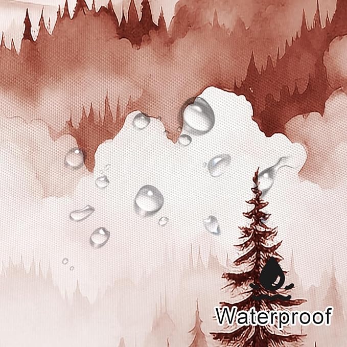 Burgundy Extra Long Misty Pine Forest Shower Curtain 72 x 84, XL Mountain Foggy Woodland Scenery Tree Shower Curtains for Bathroom, Abstract Waterproof Nature-Themed Decor