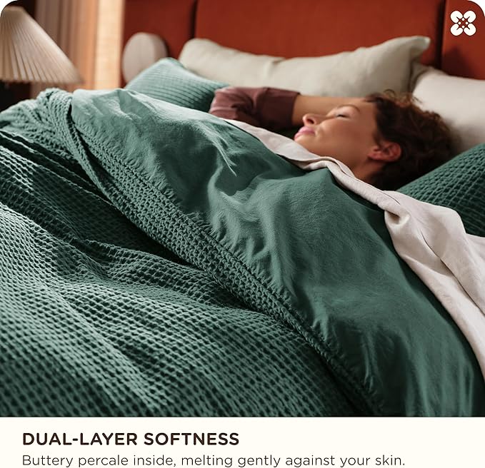 Bedsure Cotton Duvet Cover Queen - 100% Cotton Waffle Weave Forest Green Duvet Cover Queen Size, GentleSoft™ and Breathable Bedding Set for All Season, 3 Pieces, 90"x90"