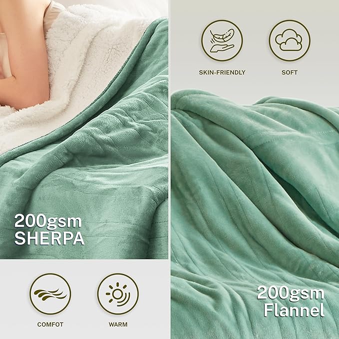 Heat Blanket 62”x84” Twin Size,Soft Flannel & Sherpa Reversible Electric Blanket with 10 Heat Settings,12 Timer Setting and 8 Hours Auto-Shut Off,ETL Certified Machine Washable,Green