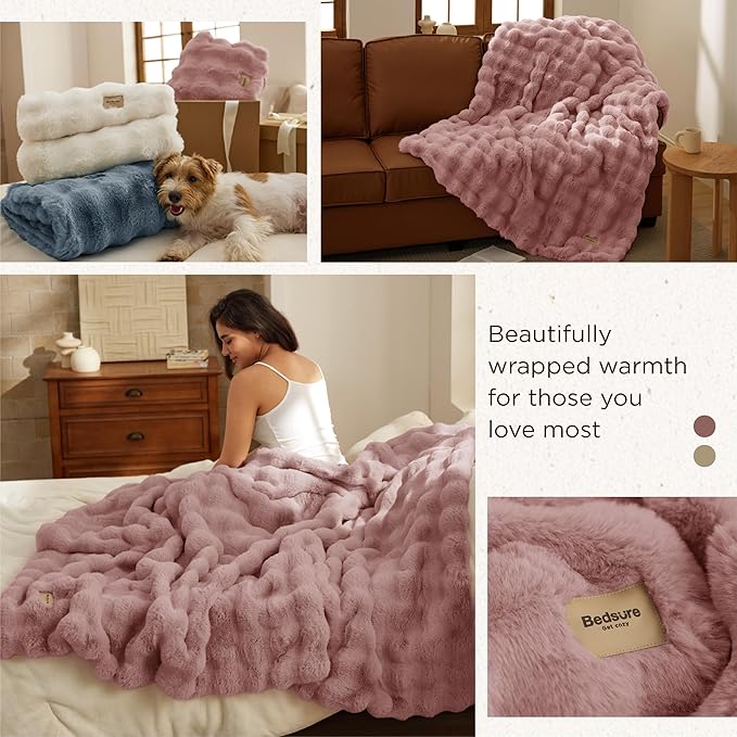 Bedsure GentleSoft Fluffy Faux Fur Throw Blanket for Couch, Soft Fuzzy Bubble Blanket Home Decor Gifts for Bedroom Living Room, Thick Warm Furry Cozy Gifts for Women, Dusty Rose, 50x60 Inch