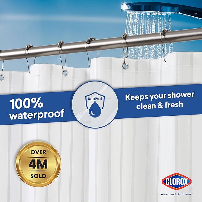 CLOROX Shower Curtain Liner, Premium Striped Medium-Weight Durable Waterproof 6g PEVA for Bathroom with Weighted Magnets, Printed Standard Size 72" x 72", White