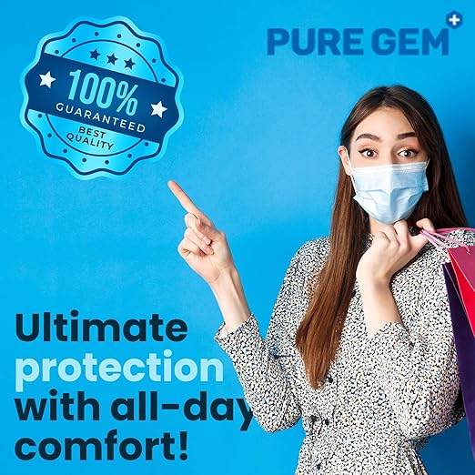 PURE GEM [Pack of 150] Single Use Disposable Blue Face Mask, Soft on Skin, 3-ply Masks Facial Cover with Elastic Earloops Great For Home, Office, School, and Outdoors