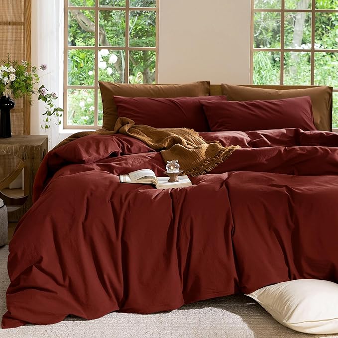 MooMee Bedding Duvet Cover Set 100% Washed Cotton Linen Like Textured Breathable Durable Soft Comfy (Solid Fired Brick Red, Twin 68"x90")