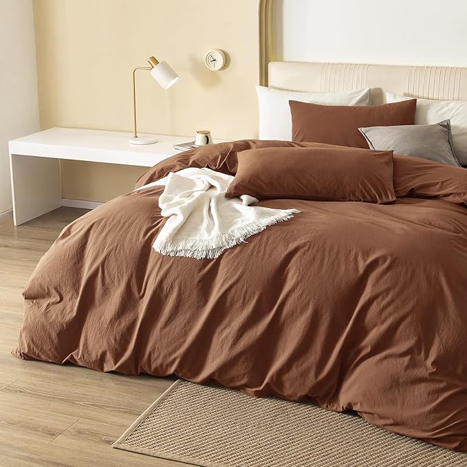 JIYUAN 100% Washed Cotton Duvet Cover Set 3 Pieces Queen, 1 Duvet Cover 90x90 Inches(Comforter Not Included) and 2 Pillowcases,Linen Feel Bedding Set Comfy and Breathable,Burnt Orange