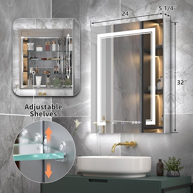24"x32"Lighted Medicine Cabinet with Mirror, Recessed or Surface Mount LED Medicine Cabinet, Front&Backlit, Anti-Fog, Stepless Dimming, 3-Color Temperatures, Adjustable Shelves, Right Hinge