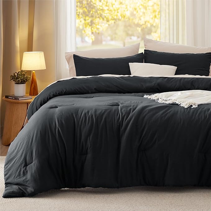 Bedsure California King Size Comforter Set, Black Soft Prewashed Bedding for All Seasons, 3 Pieces GentleSoft™ Down Alternative Bed Set, 1 Lightweight Comforter (104"x96") and 2 Pillowcases (20"x36")