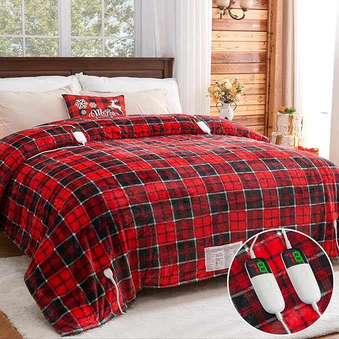 Heated Blanket Electric, Queen Size 84X90, Heating Blanket with 10 Heating Levels/8 Hours Auto Off/Dual Control for Bed, Red Checkered Sherpa Blankets Warmer for Adults, Christmas Blankets