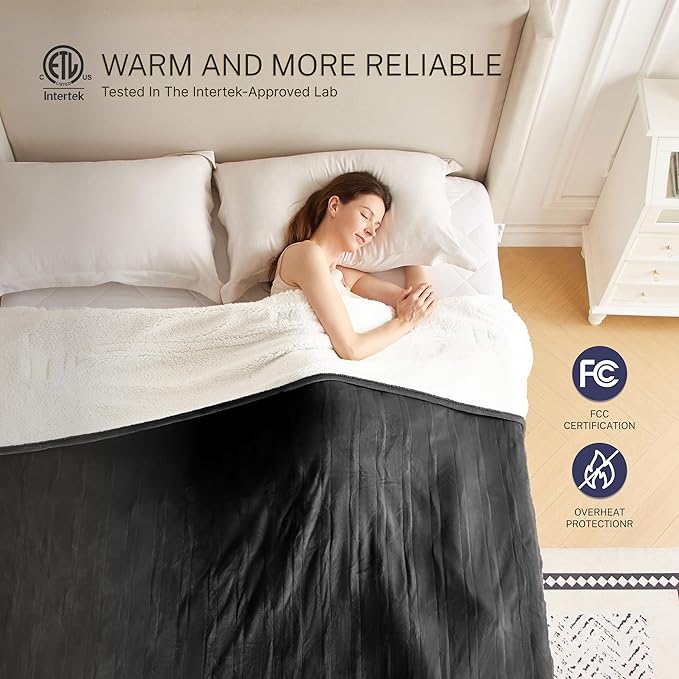 Electric Blanket Throw 50"x60" Heated Electric Blankets 10 Heating Levels 12 Time Settings 3 Hours Auto Off Fast Heating and Overheat Protection ETL Certified Machine Washable,Black