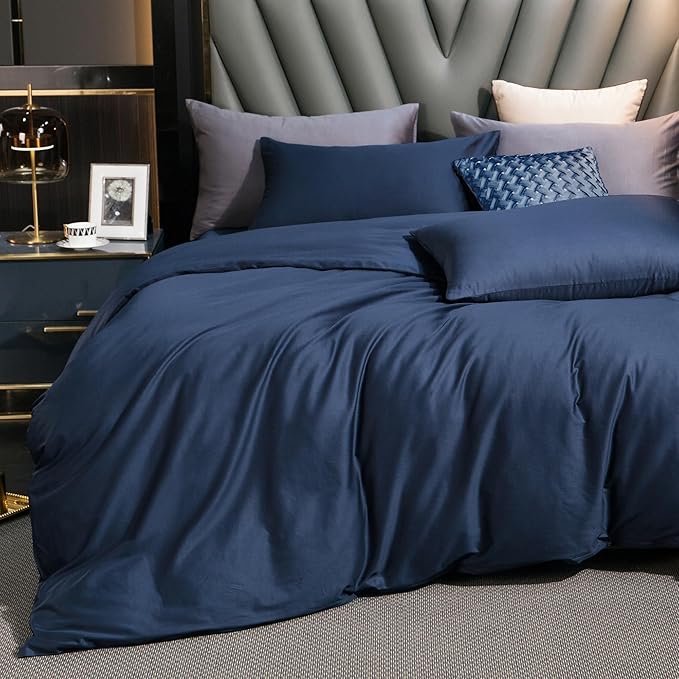 MooMee Duvet Cover Set 100% Extra Long Staple Cotton 600 Thread Count Silky Sateen Smooth Luxury Soft Breathable Durable Hotel Quality Bedding, 3 Pieces (Navy Blue, King 104"x90")