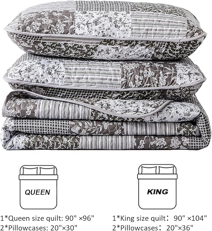 Mybedsoul Grey Boho Quilt Set Queen Size,3 Pieces Plaid Floral Bedspread Coverlet Set for All Season,Patchwork Reversible Bedding Set Queen 90"x96"