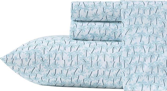 Tommy Bahama - Queen Sheet Set, Super Soft Cotton Percale Bedding with Matching Shams, Tropical Bedding Set, Oeko-Tex Certified (Palmtastic Blue, Queen)