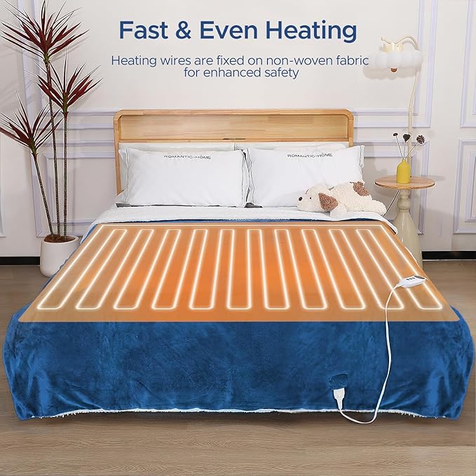 Electric Heated Blanket Throw 50"x60" - Soft Cozy Flannel & Sherpa Fabric Dual-Sided, 9 Heat Settings & 2-10 Hours Auto Off, Warming Heated Throw for Home Office, Machine Washable, Blue
