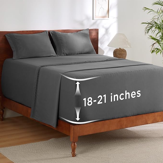 Bedsure Deep Pocket Queen Sheets Set - Fits Mattresses Up to 21 Inches Thick - 4 Piece GentleSoft Bed Sheets, Moisture Wicking, Soft & Cooling Bedsheet & Pillowcases, Easy & Secure Fit, Dark Grey
