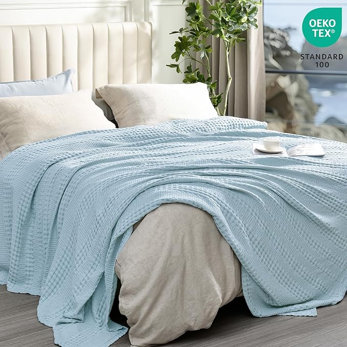 PHF Cooling Waffle Blanket Twin Size, Lightweight 60% Rayon Derived from Bamboo & 40% Cotton Breathable Blanket for Hot Sleepers, Soft and Luxury for Bed Couch and Sofa, 66"x90",Sky Blue