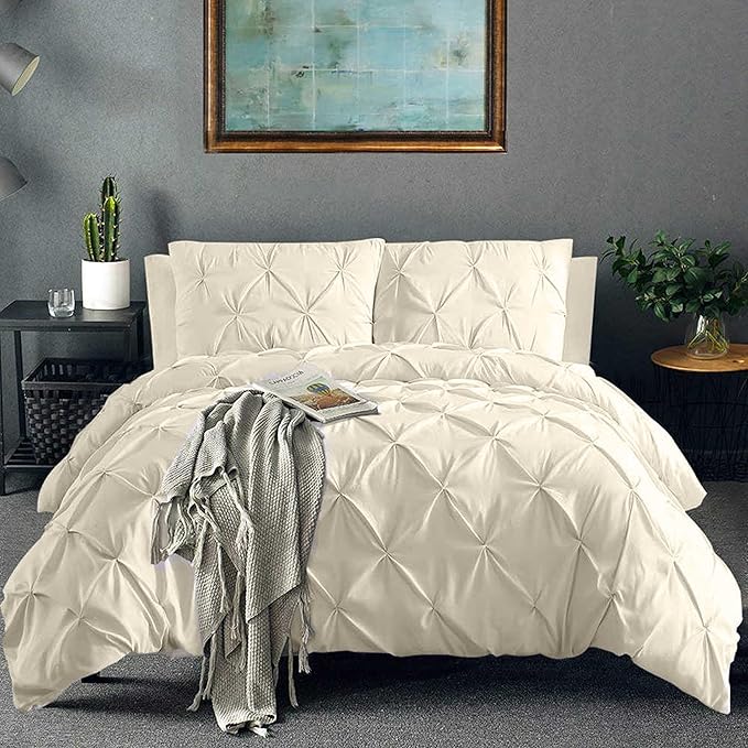 Pinch Pleated Duvet Cover Set 100% Cotton 3PC Super King Plus Size 120x120 Duvet Cover Set, Decorative Pinch Design Ivory Duvet Cover with Matching Pillow Case