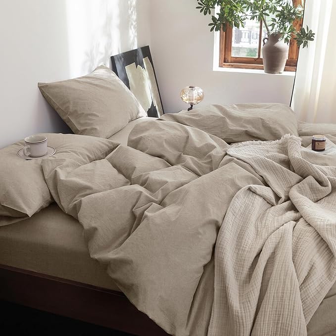 FOSSA Duvet Cover Set 100% Washed Cotton Linen Feel Super Soft Breathable Cozy 3 Pieces Bedding Sets Solid Tannish Linen Grey Oversized King Plus