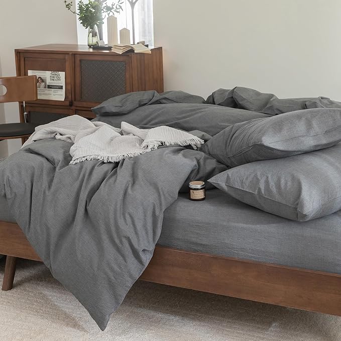 FOSSA Duvet Cover Set 100% Washed Cotton Linen Feel Super Soft Breathable Cozy 3 Pieces Bedding Sets Solid Dark Grey Oversized Queen