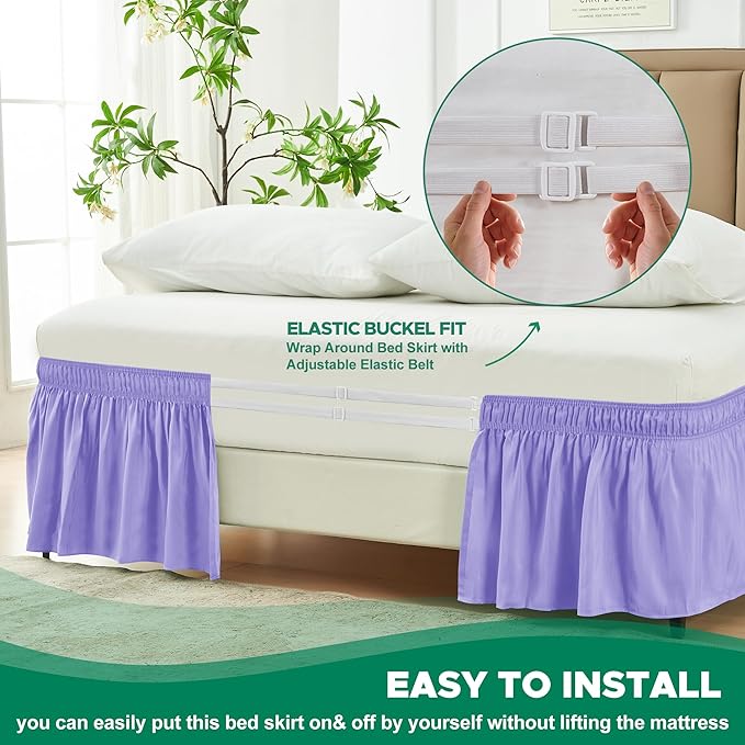 Biscaynebay Wrap Around Bed Skirts for King & Cal King Beds 18" Drop, Lavender Adjustable Elastic Dust Ruffles Easy Fit Wrinkle Resistant Silky Luxurious Fabric Machine Washable