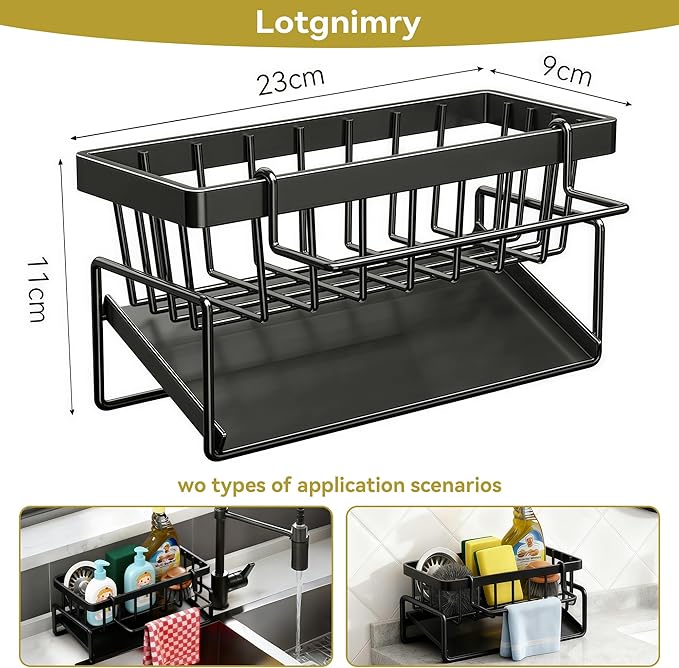 Sponge Holder for Kitchen, Sink Caddy Organizer Rack for Kitchen Accessories, Soap Dispenser Countertop Organizer Essentials for Home (Black)