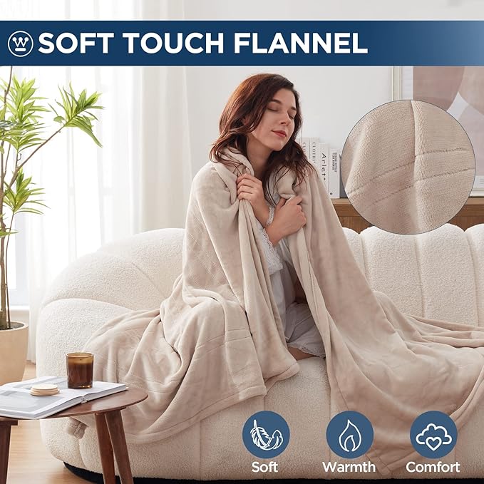 Westinghouse Electric Blanket Heated Throw, Super Cozy Soft Flannel 50"" x 60"" Heated Throw with 6 Fast Heating Levels & 2-10 Auto-Off, Machine Washable, ETL&FCC Certification, Home Office Use, Beige