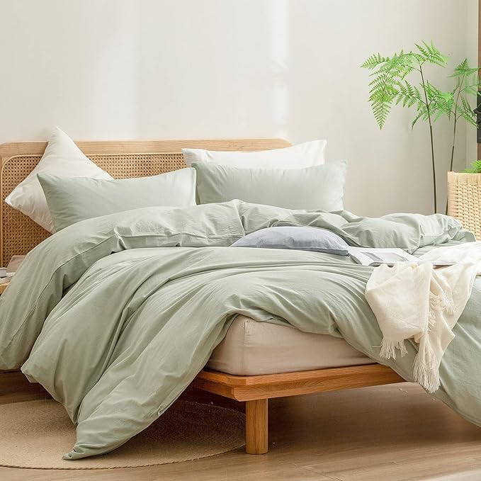 BESTOUCH Duvet Cover Set 100% Washed Cotton Linen Feel Super Soft Comfortable Chic Lightweight 3 PCs Home Bedding Set Solid Sage Green Super Queen