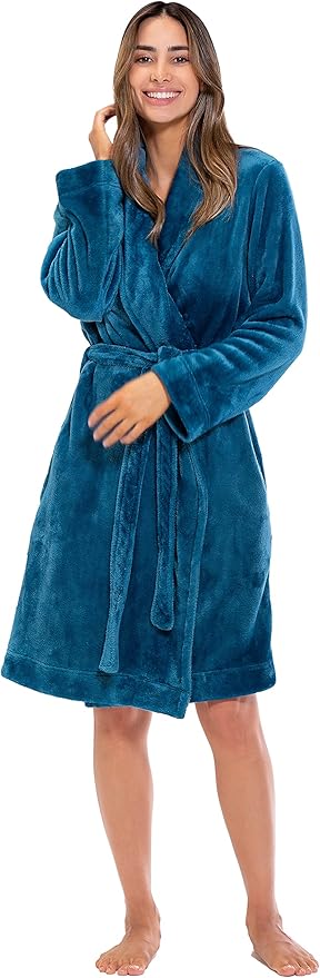Turquaz Robes For Women, Womens Fleece Shawl Collar Soft Plush Knee Length Spa Robe