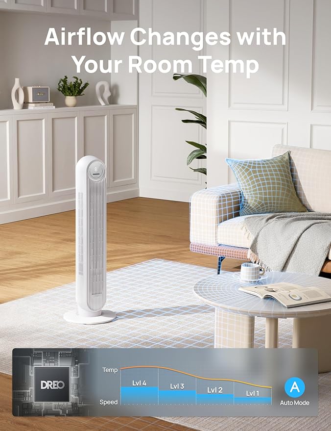 Dreo Tower Fan for Bedroom, 25ft/s Velocity Quiet Floor Fan, 90° Oscillating Fans for Indoors with 4 Speeds, 4 Modes, 8H Timer, Standing Fans, Bladeless Fan, White, Nomad One (DR-HTF007)